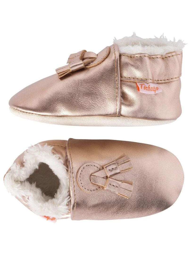 Chaussons cuir souple rose métallique à pampilles fourrés Rose
