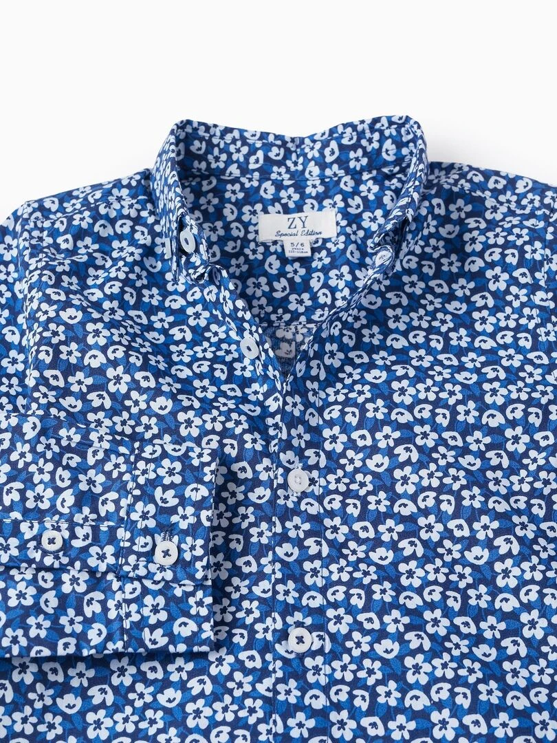Chemise à motif floral pour garçon manches longues LETS PARTY   Bleu foncé