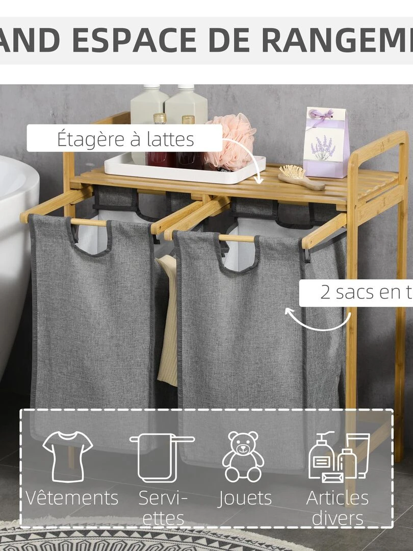 Panier à linge en bambou 2 paniers amovibles gris   Gris