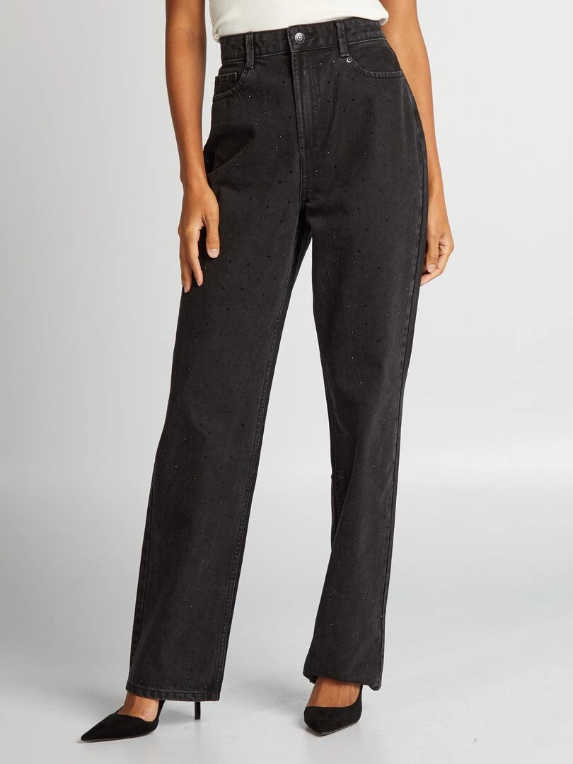 Jean droit à taille haute avec strass   Noir