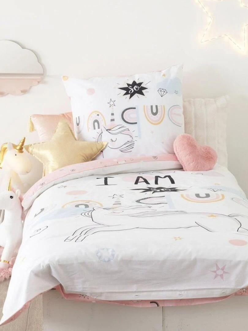 Housse de couette enfant 140x200 Licorne + taie 100% coton 57 fils Blanc