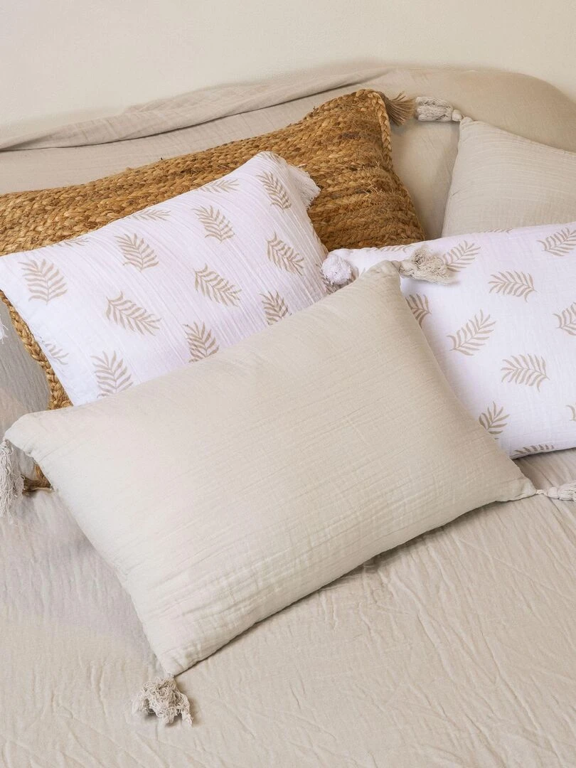 Coussin en double gaze de coton avec imprimé feuillage 'Deko&co'   Blanc Vert