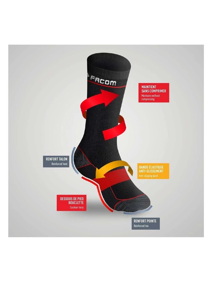Lot de 6 Paires de Chaussettes longues de travail homme Red Facom Noir