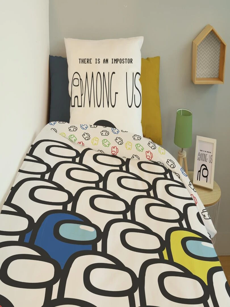 Housse de couette Among Us Crewmates 140x200 cm et taie d'oreiller   100% Coton   Blanc