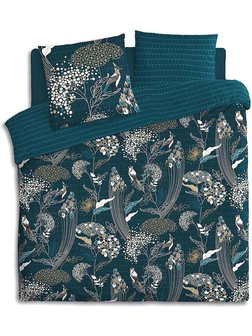 Housse de couette 240x220 Art Paon + 2 taies 100% coton 57 fils   Bleu