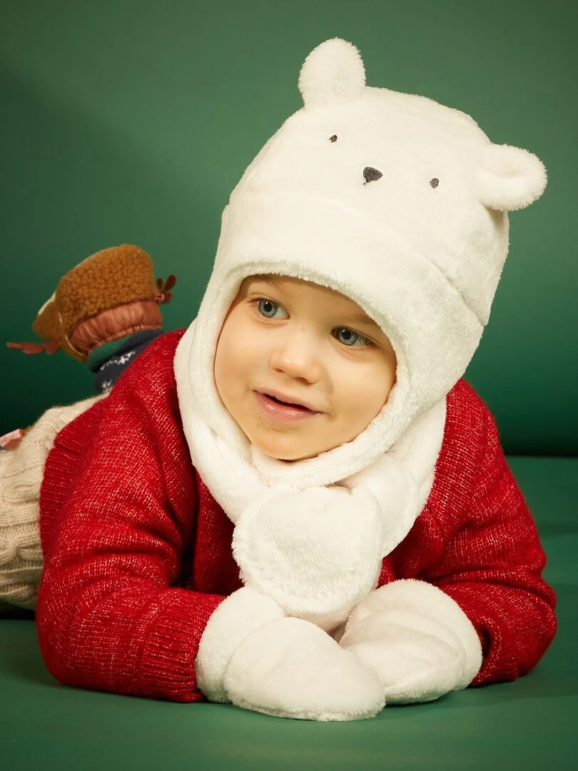 Ensemble bonnet + écharpe + moufles Blanc