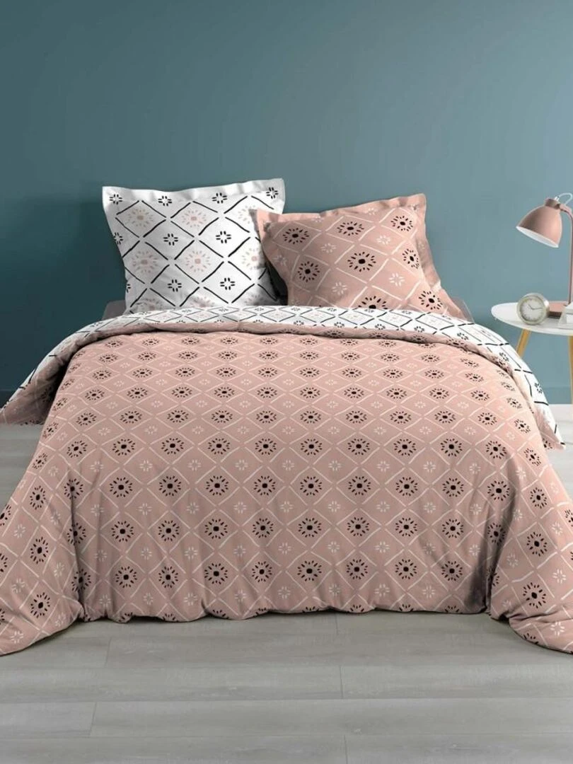 Housse de couette 240x220 + 2 taies Tahina rose coton 57 fils Rose