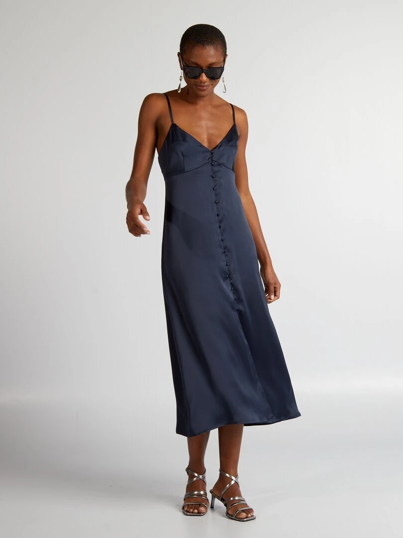 Robe en satin avec ouverture boutonnée bleu marine
