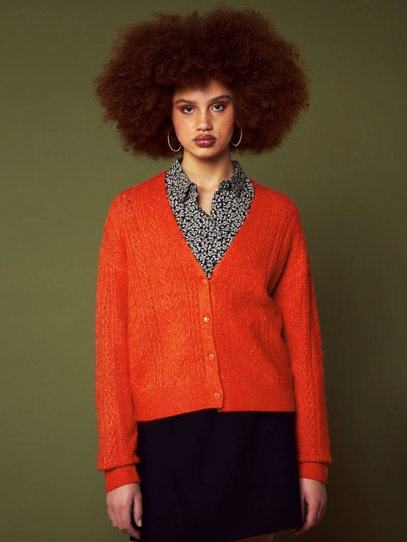 Gilet boutonné en maille ajourée   Orange