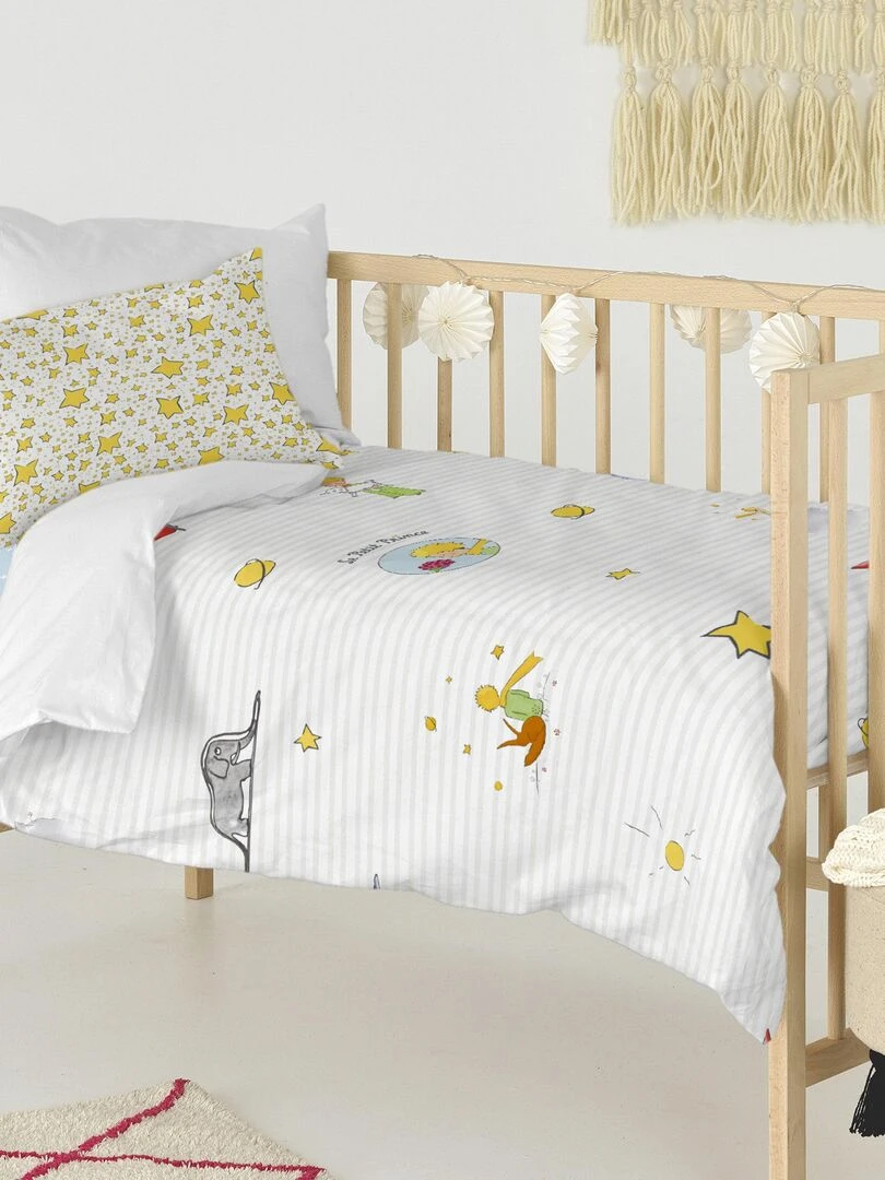 Parure housse de couette 2 pièces Son monde Lit Bébé "Happyfriday"   Bleu Jaune Blanc