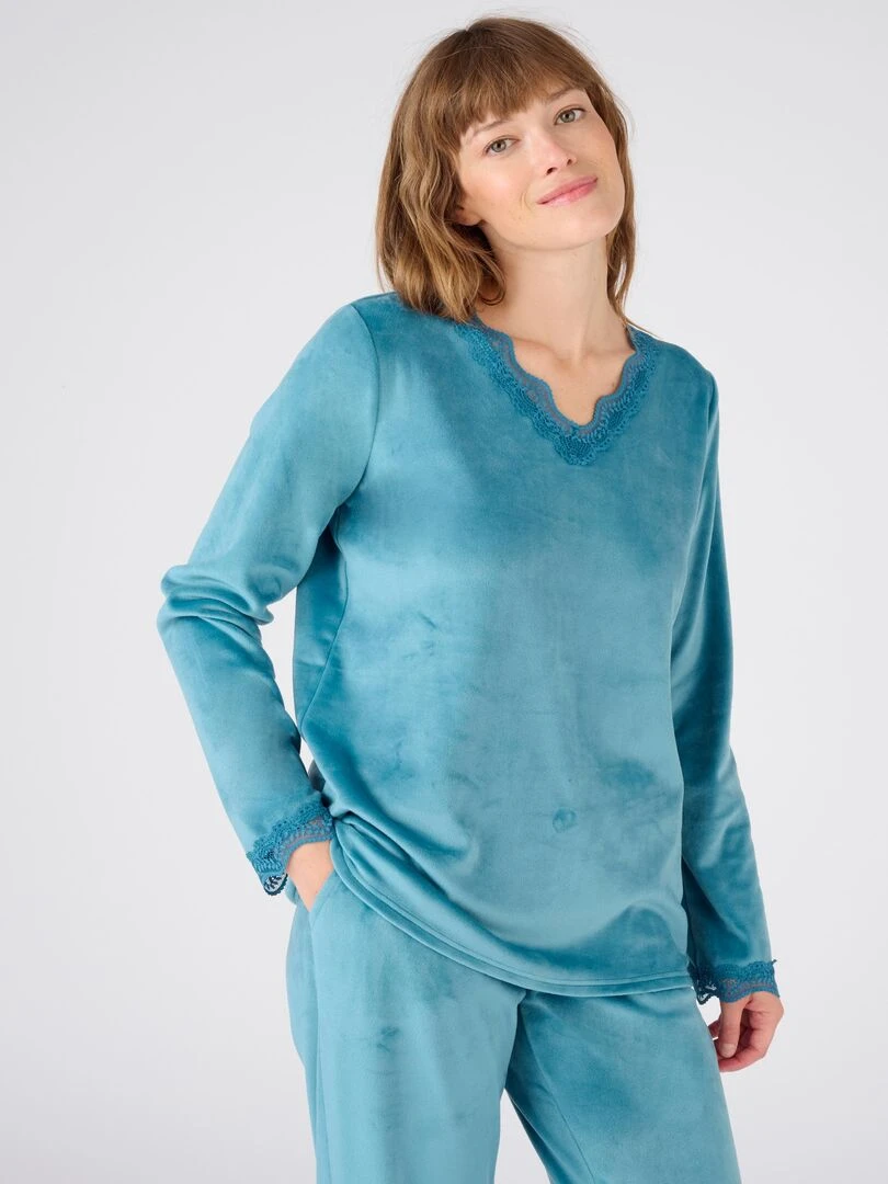 Pyjama dentelle velours Thermolactyl   Damart   Bleu turquoise