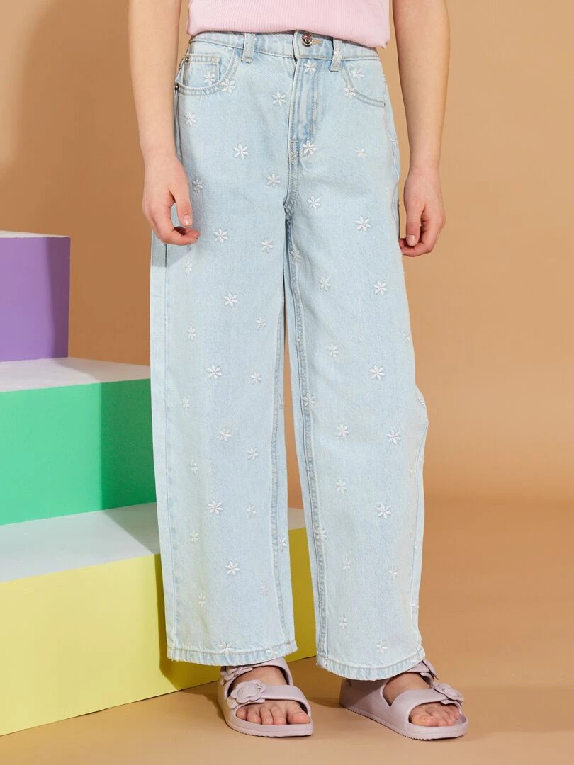 Pantalon en jean wide leg Bleu fleurs