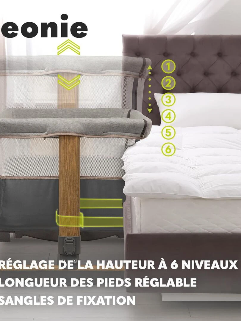 LIONELO Leonie   Lit évolutif cododo avec matelas   0 9 kg   Hauteur et inclinaison réglables   Gris Marron Blanc