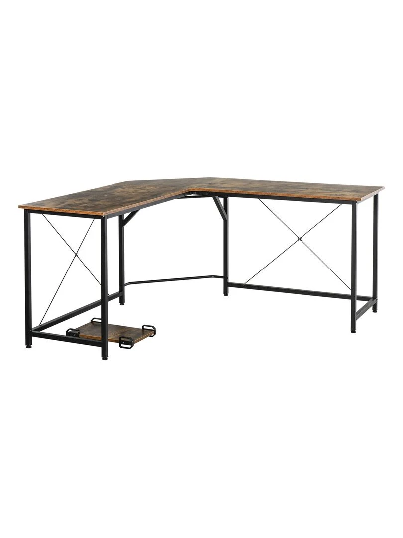 Bureau d'angle informatique design industriel aspect vieux bois métal noir Marron
