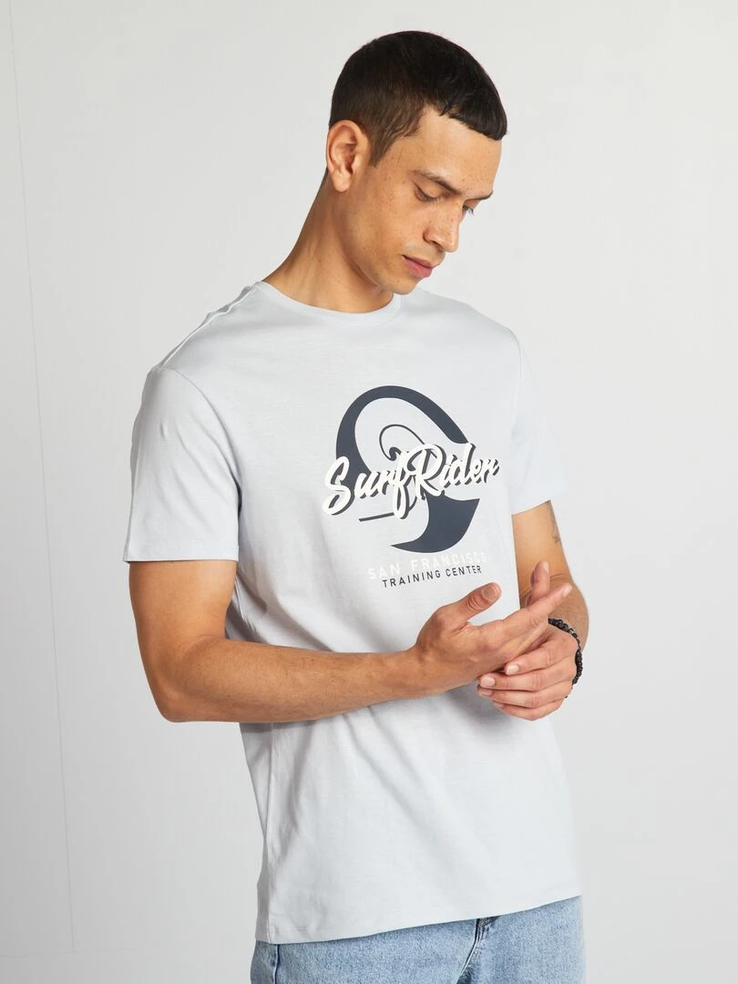 T shirt en coton imprimé à col rond Bleu 'Surf Ride'