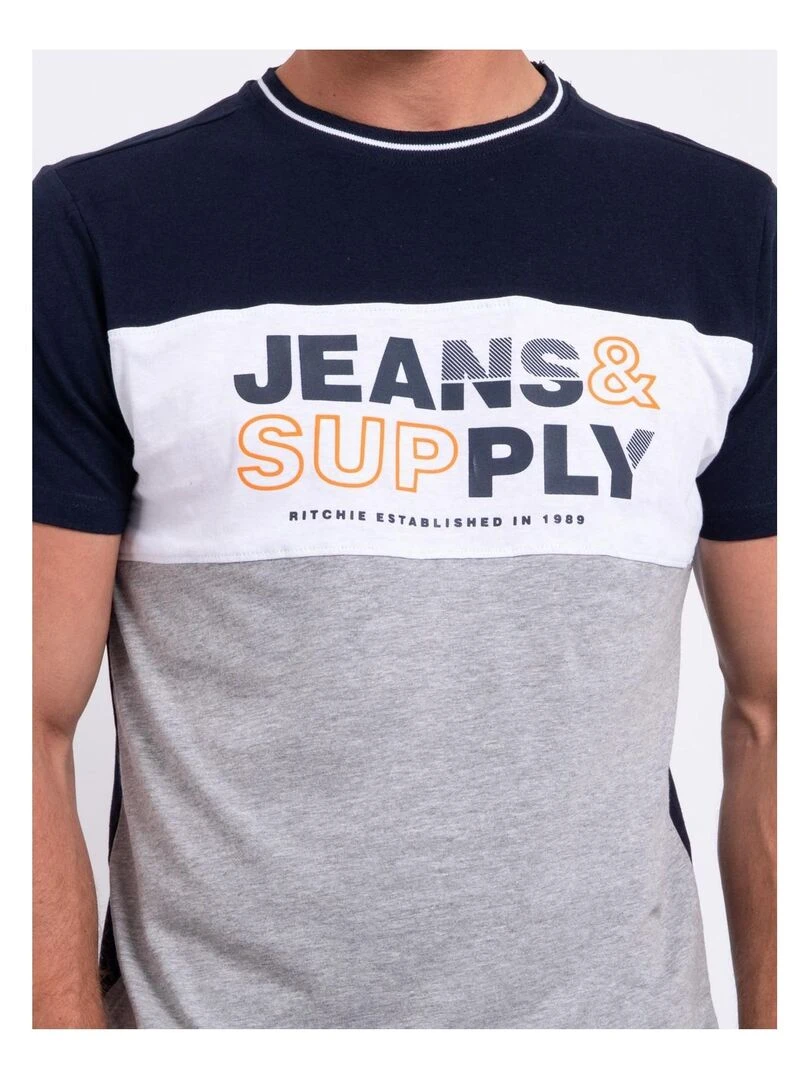 T shirt col rond pur coton NABELO   Bleu marine