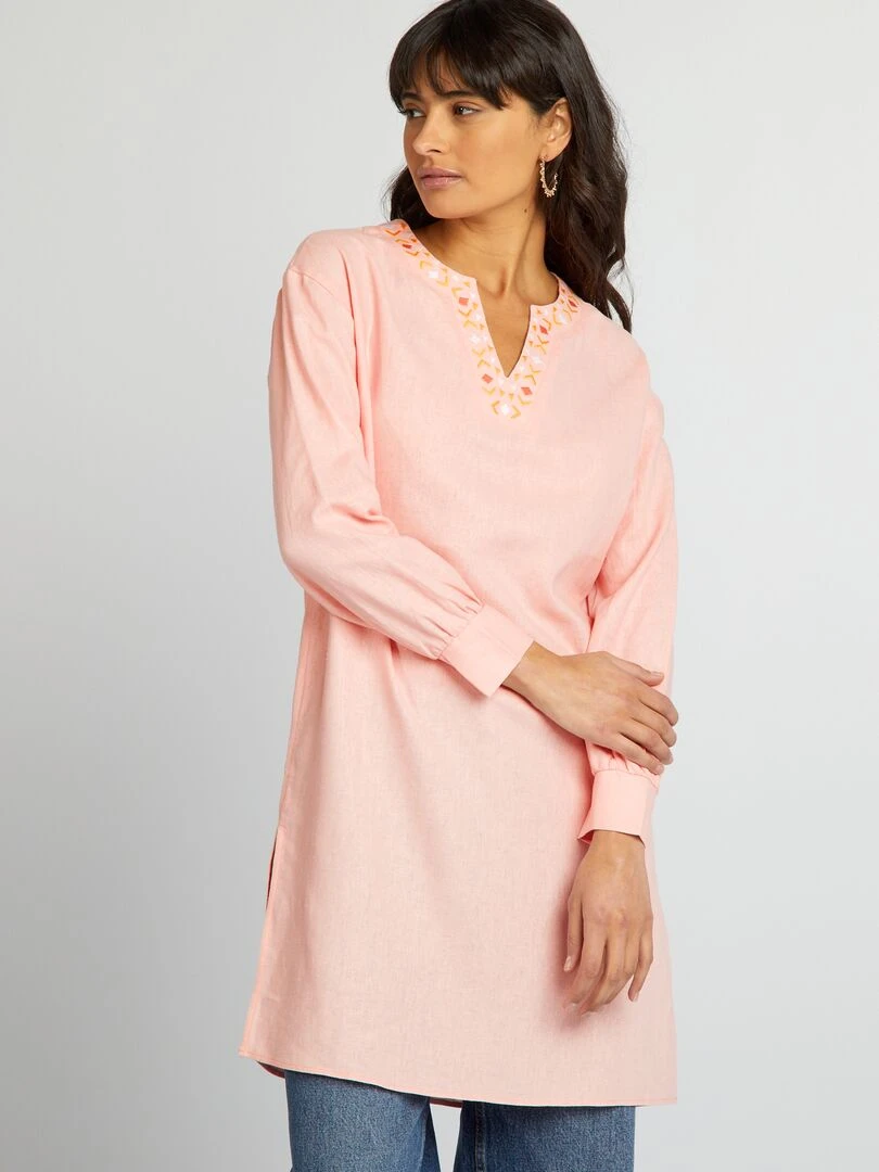 Blouse longue en lin avec col tunisien   Rose