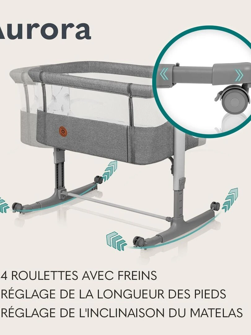 LIONELO Aurora   Lit bébé 3en1   Réglable en hauteur et inclinaison   Matelas et sac inclus   Gris