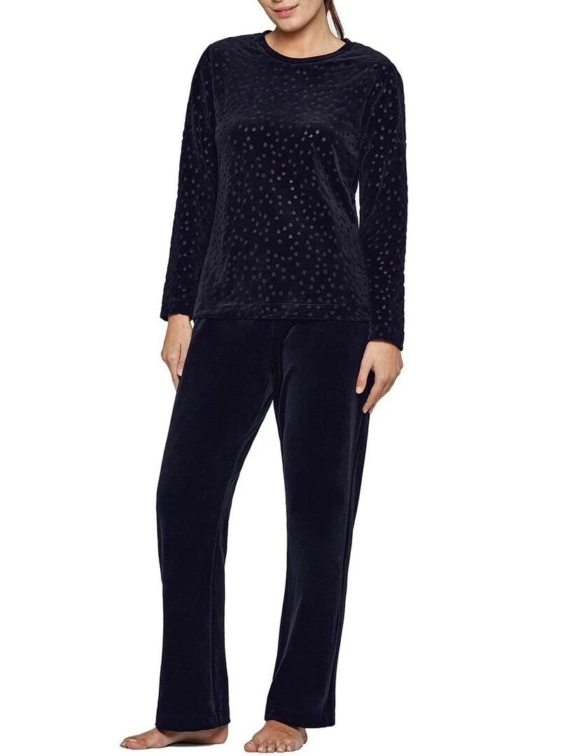 Ensemble pyjama long velours à pois ajourés Nuage Bleu
