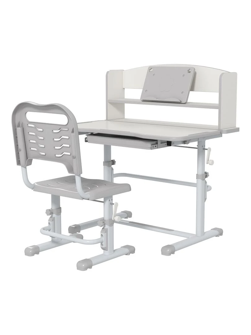 Bureau enfant avec chaise et étagère ensemble réglable gris blanc Gris
