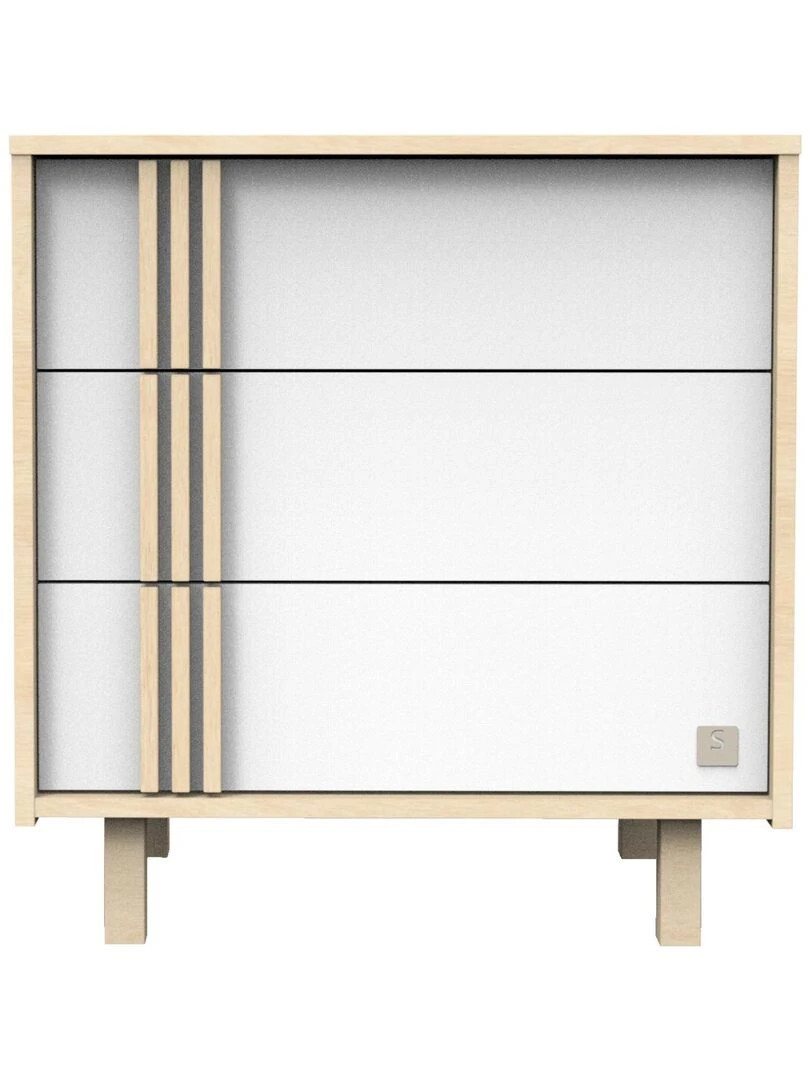 Commode 3 tiroirs en décor chêne velours et blanc avec appliques en bois SAUTHON Blanc