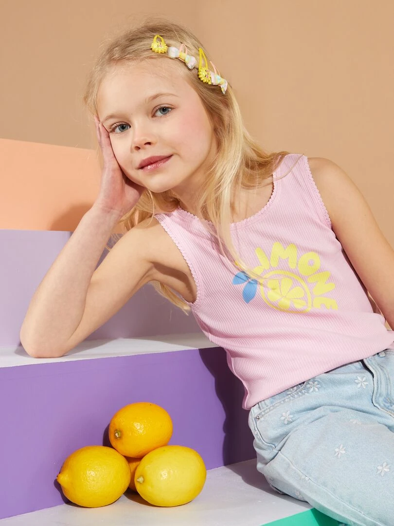 Débardeur côtelé avec finition en dentelle et volantée   Grafik Edition   Rose