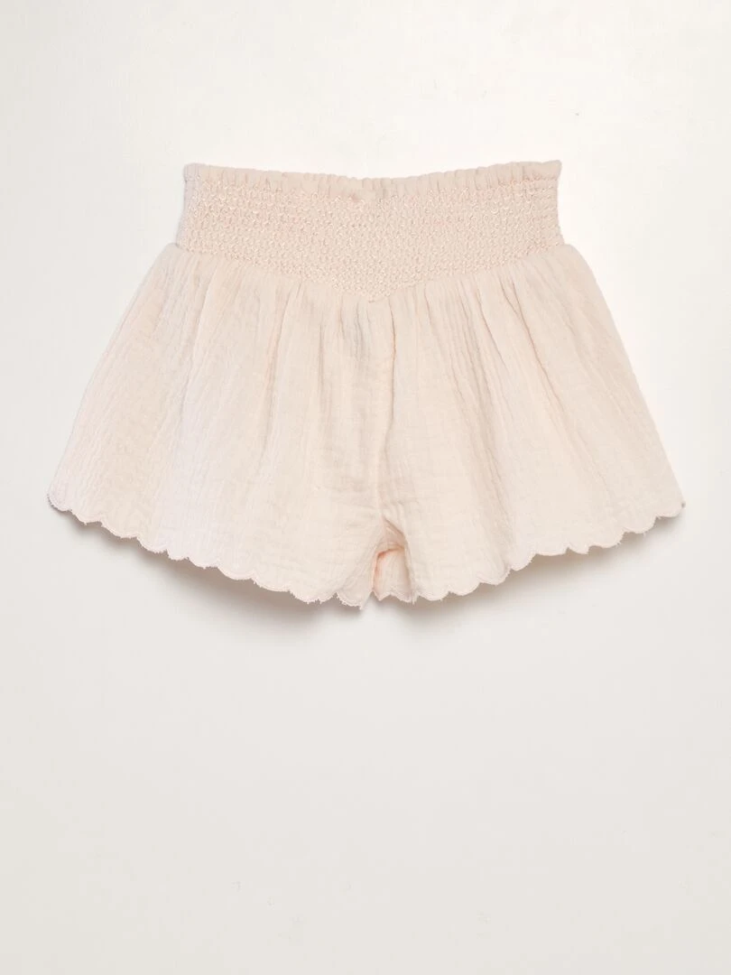 Short en gaze de coton avec taille smockée Rose