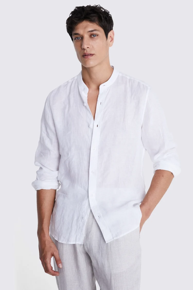 Tailored Fit White Linen Grandad Collar Shirt Buy Online at Moss