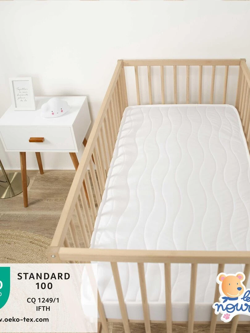 Matelas Bébé Climatisé   60x120 cm   Réversible   1 face Été fraîche / 1 face Hiver ouatinée   Blanc
