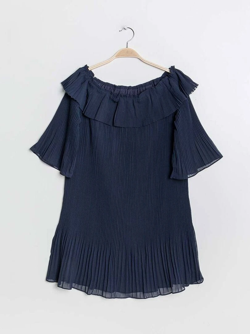 Robe plissée épaules dénudées marine Bleu