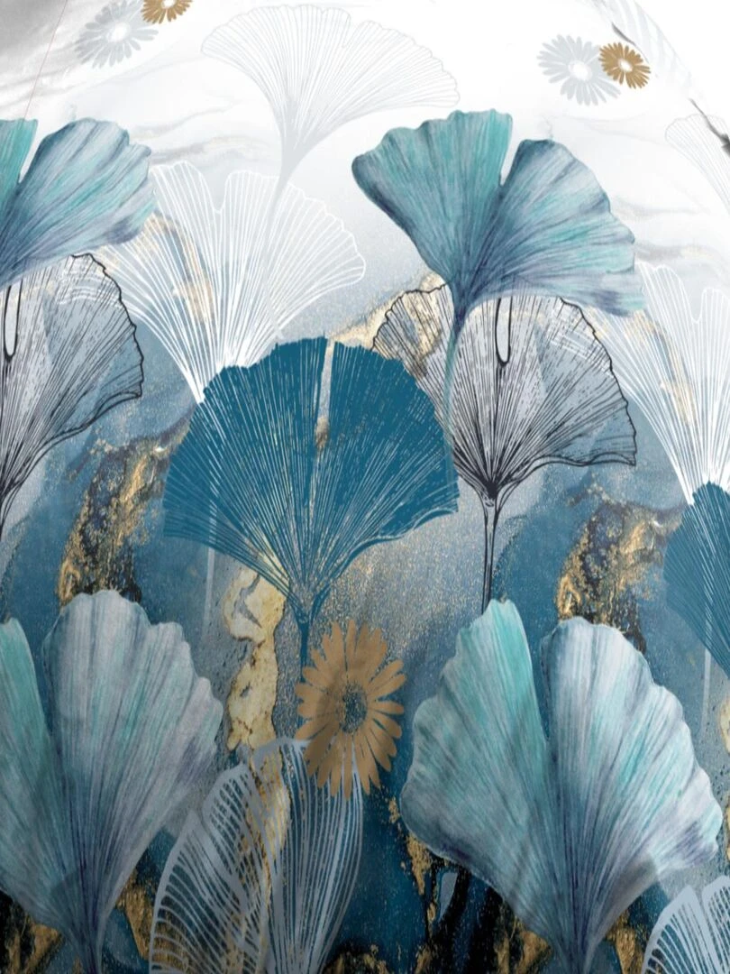 Parure Drap plat + drap housse 140x190 + 2 Taies Microfibre   Entretien Facile   Ginko   Bleu Doré Blanc