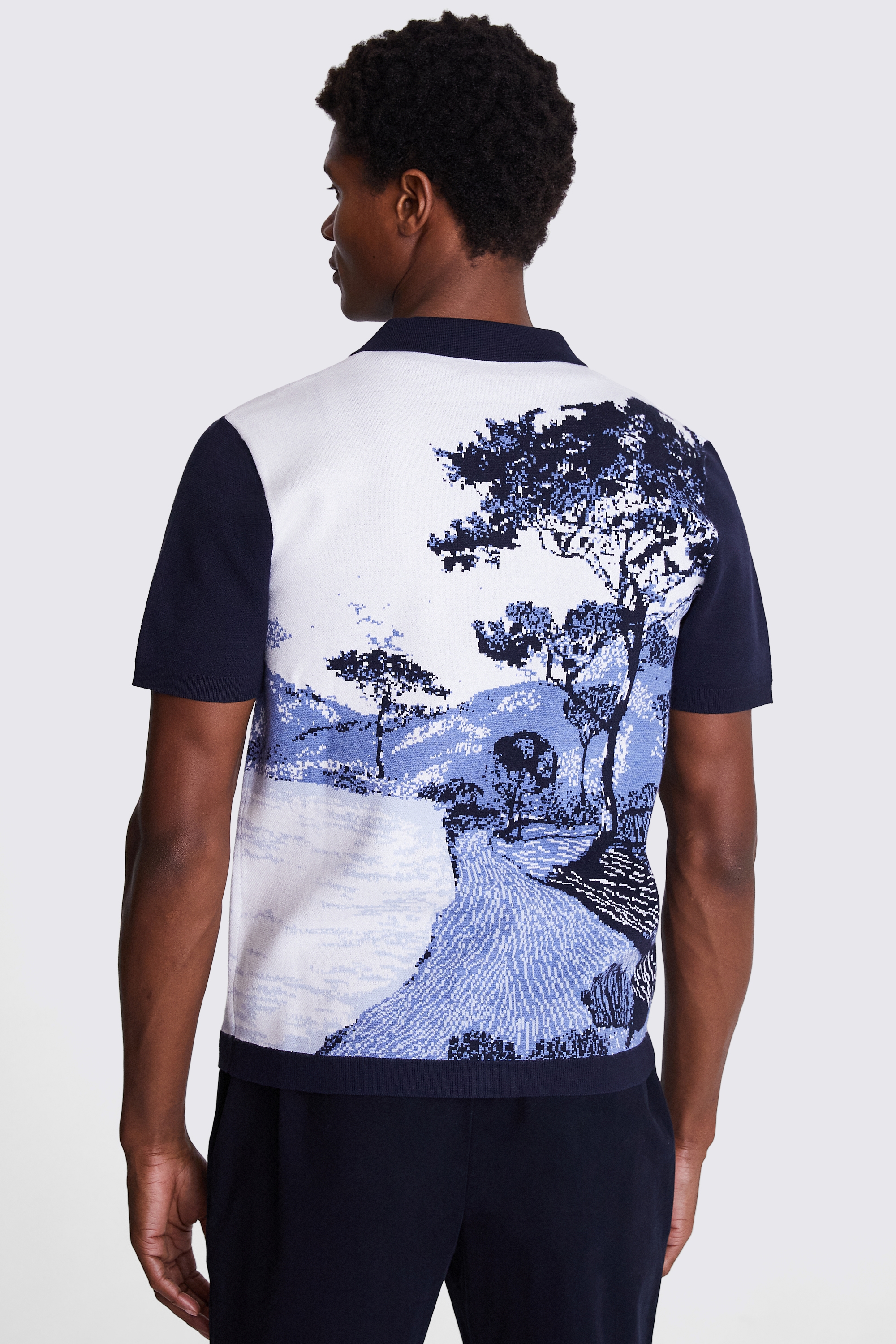 Blue Landscape Jacquard Knitted Cuban Shirt   Buy Online at Moss