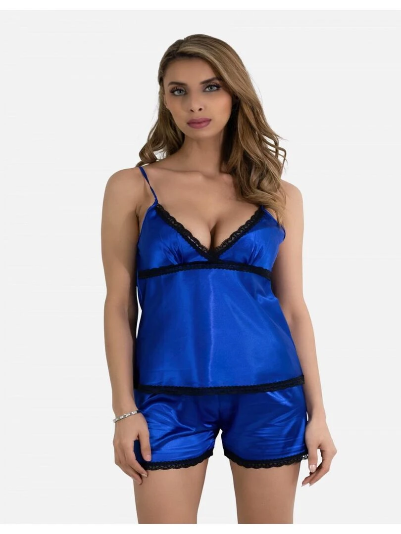 Ensemble pyjashort fines bretelles en satin Kebello   Bleu