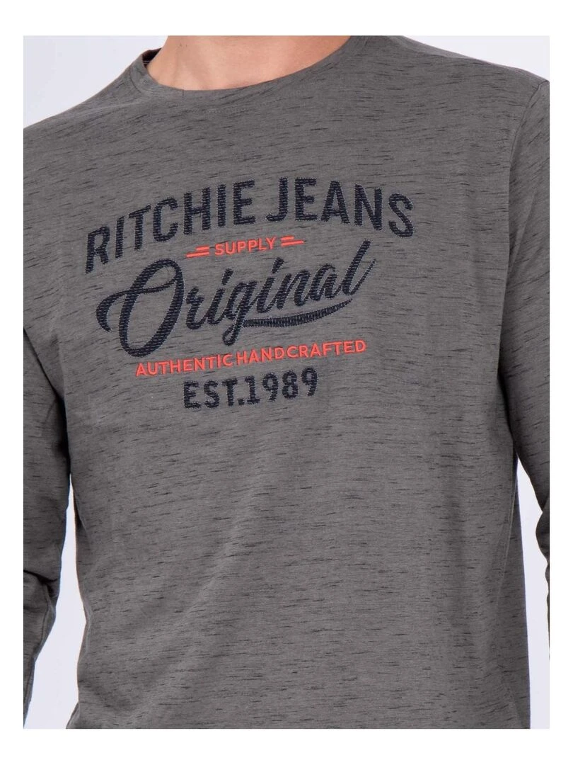 T shirt manches longues col rond pur coton JUPOL   Kaki