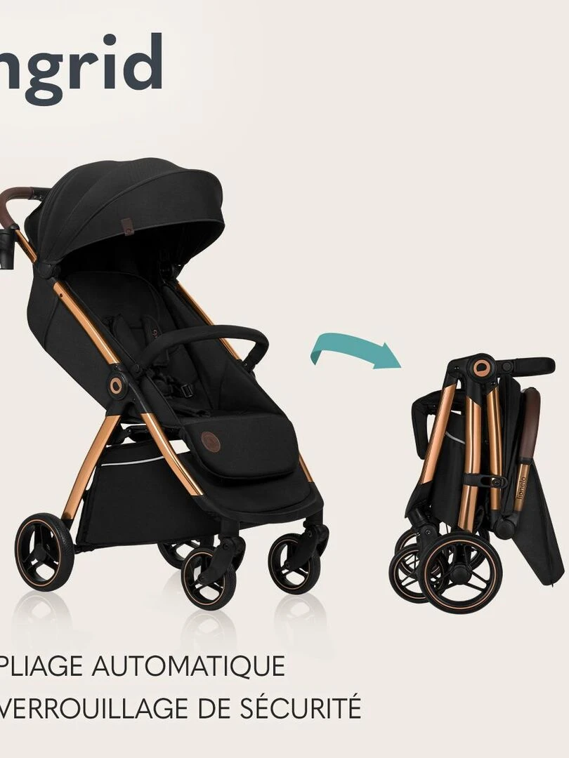 LIONELO Ingrid   Poussette bébé compacte   Jusqu'à 22 Kg   Légère & pliable   Noir/Or   Noir Doré