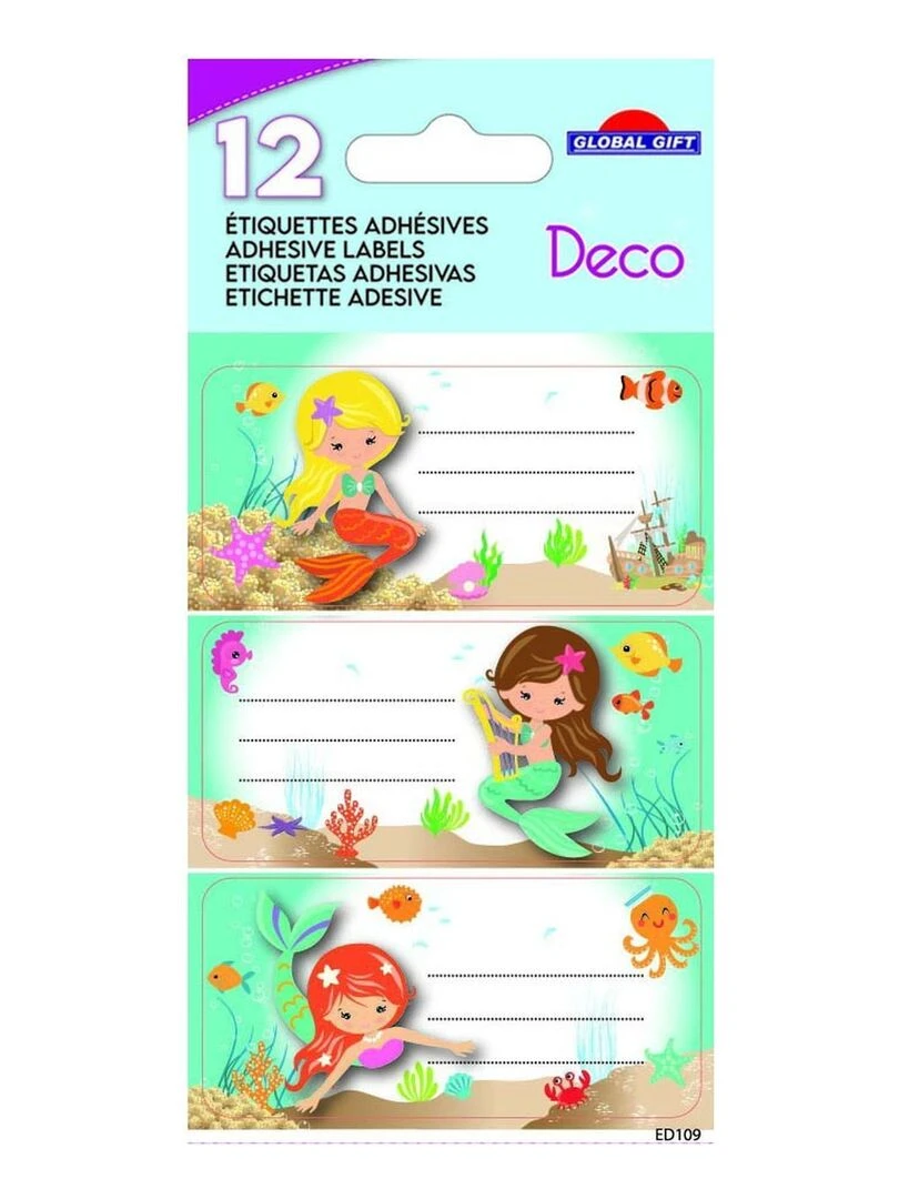12 étiquettes adhésives scolaires Rectangle Sirènes Paillettes N/A