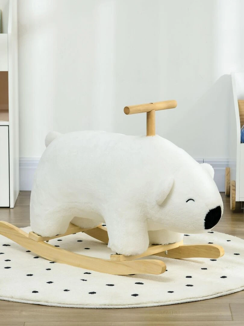 Cheval à bascule ours polaire fonction sonore poignée bois peluche blanc   Blanc