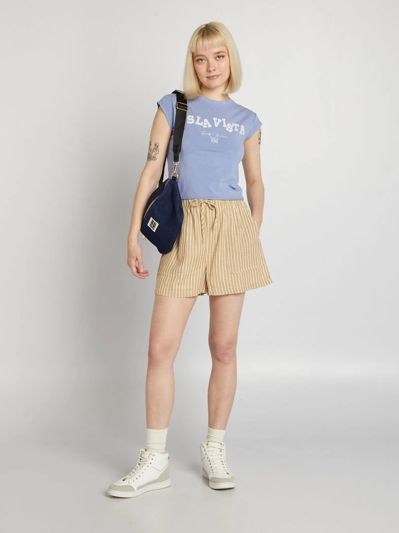 T shirt cropped stretch imprimé Bleu