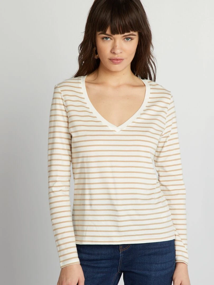 T shirt col V   Marron/blanc