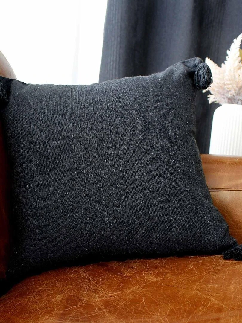 Coussin coton recyclé et pompons   gris anthracite