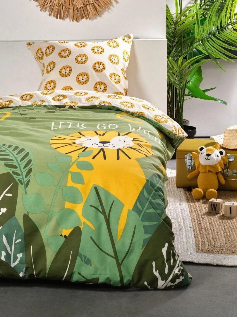 Parure de lit imprimé 'HAPPY LION' 'TODAY' Gris