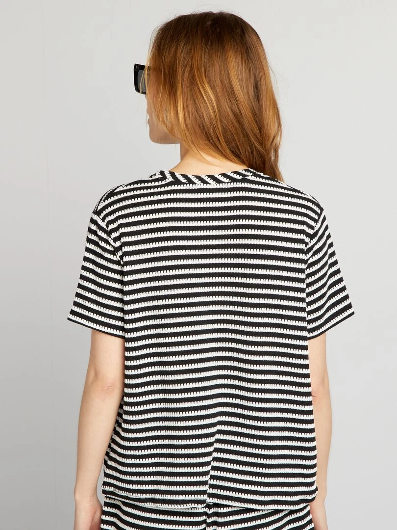 T shirt rayé en crochet   Noir