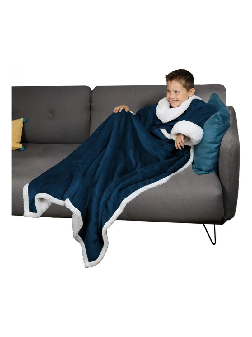 Couverture polaire plaid intégral avec manches et poche Sherpa et flanelle Vivezen Bleu