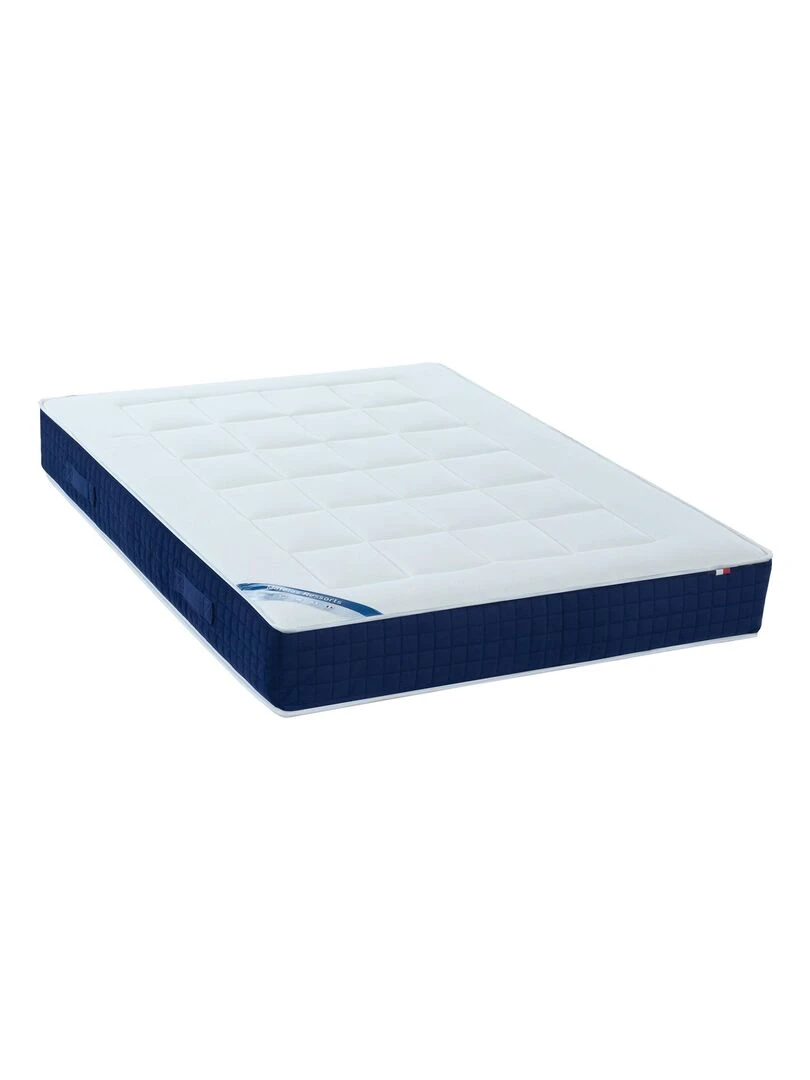 Matelas Ressort 5 zones + mémoire de forme ALBA Fabriqué en France Dimensions 160 x 200 cm Blanc Bleu