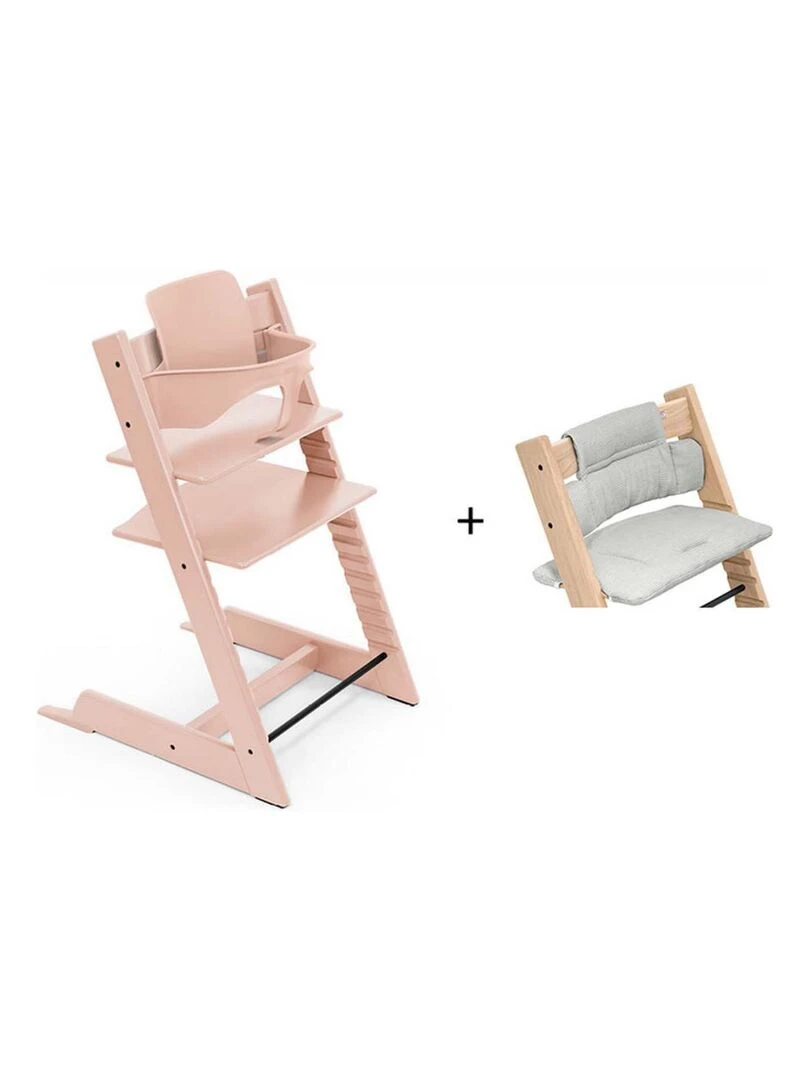 Chaise haute Tripp Trapp rose coussin Nordic grey et babyset Rose