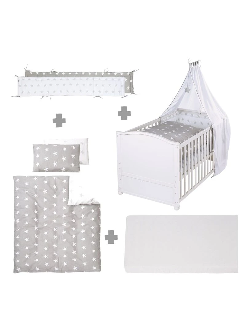 ROBA Lit Bébé Évolutif Complet "Little Stars"   70x140 + Équipement Complet   Blanc