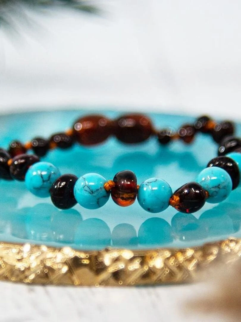Bracelet bébé Ambre et pierre naturelle Ambre Cognac / Turquoise bleue Bleu turquoise