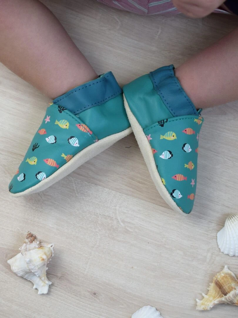 Chaussons bébé cuir souple Simon et Ninon les poissons   Vert