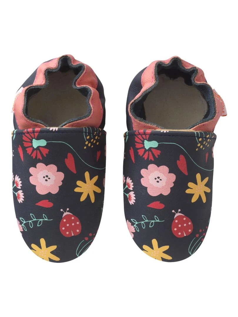 Chaussons bébé cuir souple Fanny les fleurs Rose