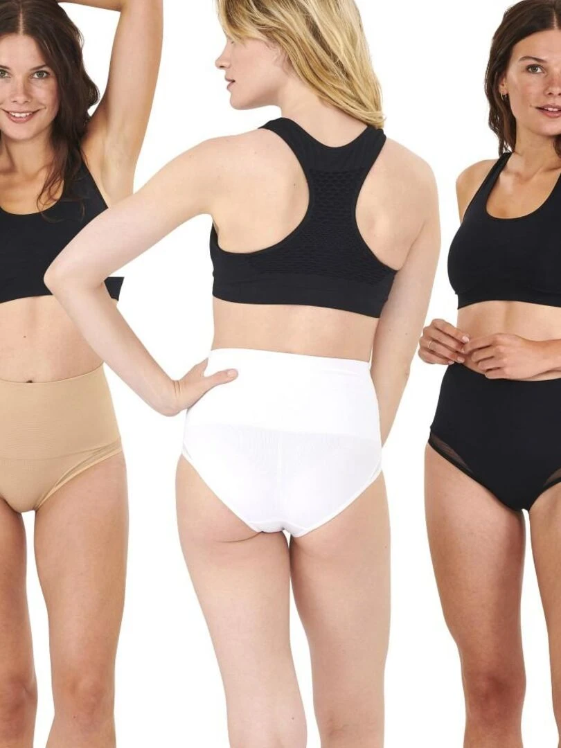 3 culottes ceinture minceur en résille So'Slim pour femme   Noir Beige Blanc